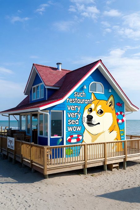 A vibrant beachside restaurant features a large mural of a Shiba Inu dog with the text "such restaurant very very sea wow," playfully riffing on Dogecoin's iconic "such...very...wow" meme language as a bullish visual pun tied to the $DOGE token.