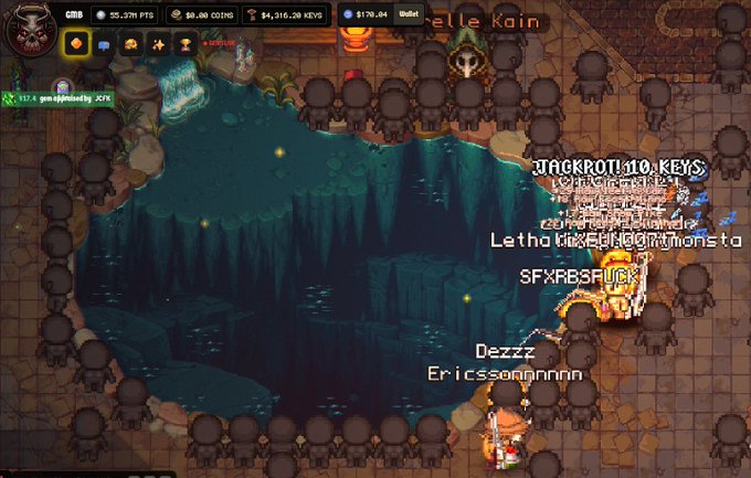 A screenshot from the PlayCambria game showing a top-down view of a dungeon with player names like "JACKROTI10 KEYS," "LethalHugMotions," "SFXRBSFUCK," "Dezzz," and "Ericssonnnnnn" scattered across the screen, with stats displaying $4,316.20 KEYS, $0.00 COINS, and $178.64 in the top HUD. The image reflects Cambria's ongoing content updates that keep the gameplay experience engaging for its community.