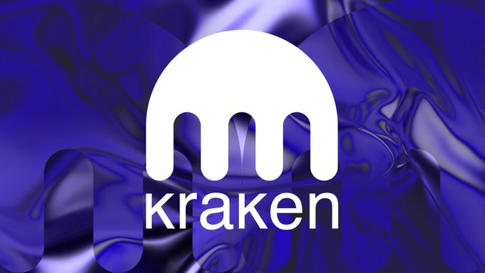 The Kraken cryptocurrency exchange logo, featuring a white kraken icon over a flowing blue and purple liquid background.