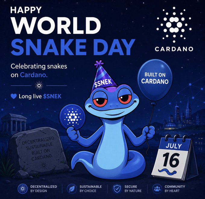 A 'Happy World Snake Day' promotional graphic for Cardano featuring a cartoon blue snake wearing a $SNEK party hat, dated July 16, celebrating snakes on the Cardano blockchain.