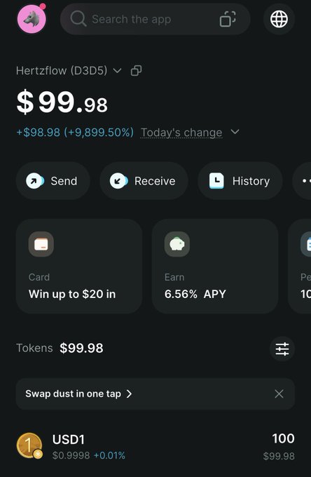 A cryptocurrency app screenshot showing a wallet balance of $99.98 in "Hertzflow (D3D5)" with a +$98.98 (+9,899.50%) gain, featuring a USD1 token holding of 100 units valued at $99.98—visually confirming the poster's $100 USD1 receipt on Day 1 of their $100 survival challenge.
