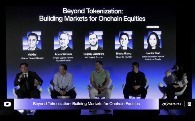 A panel discussion titled 'Beyond Tokenization: Building Markets for Onchain Equities' features five speakers including Val Qui (xStock), Adam Winnick (Medici), Evgeny Gokhberg (Re7 Capital), Briang Huang (Glide), and Juanita Tiffen (Microbt Foundation).