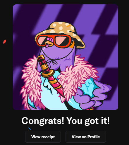 A vibrant digital NFT portrait of a purple bird-like character wearing a polka-dot bucket hat, orange sunglasses, and a pink feather boa while holding a cane, displayed with the text "Congrats! You got it!" alongside "View receipt" and "View on Profile" buttons. The image celebrates the successful acquisition of Wingston #89 from the RallyOnChain collection mentioned in the post.