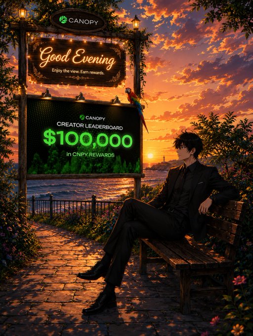 An anime-style illustration of a man in black sitting on a bench at sunset, with signs above displaying 'CANOPY', 'Good Evening - Enjoy the view. Earn rewards.', and 'CREATOR LEADERBOARD $100,000 in CNPY REWARDS'.