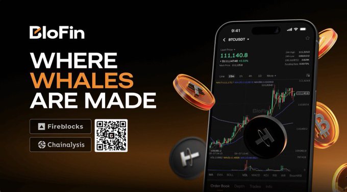 The image is a promotional graphic for BloFin featuring the tagline "WHERE WHALES ARE MADE" alongside a smartphone displaying the BTCUSDT trading chart at 111,140.8, with partner logos for Fireblocks and Chainalysis. It visually reinforces the post's offer of $900 in trade vouchers, 20% deposit bonus, and VIP access by showcasing BloFin's mobile trading platform for serious traders.