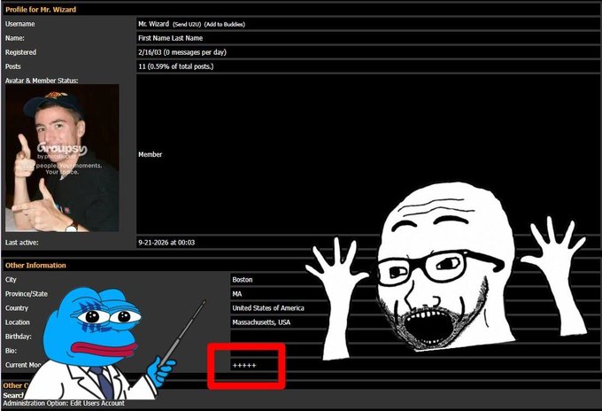 A screenshot of a forum user profile page for "Mr. Wizard" with a username and location from Boston, MA, featuring a red box highlighting "++++" in the "Current Mood" field, overlaid with meme images including a Pepe character in a suit and a wailing face, though it doesn't appear to directly relate to the post about cryptocurrency market caps and token performance.