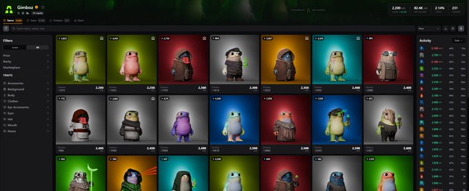 A Gimbal NFT marketplace interface displaying a grid of collectible penguin character avatars with prices, filters on the left sidebar, and an activity feed on the right.