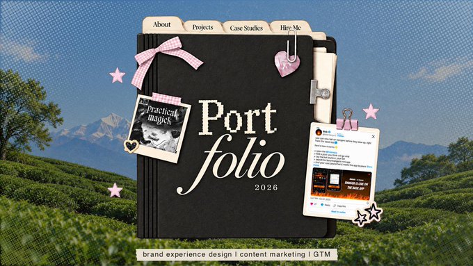 A scrapbook-style 'Portfolio 2026' design with sections labeled About, Projects, Case Studies, and Hire-Me, featuring a black notebook, photos, and notes set against a mountain and green field landscape.