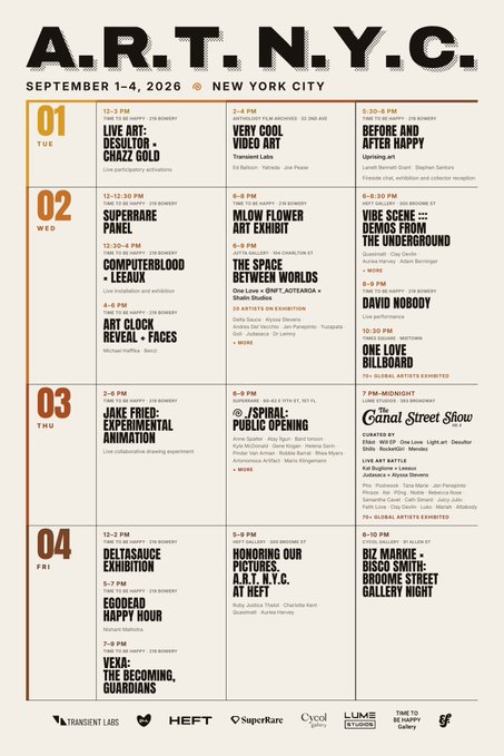 A schedule poster for 'A.R.T.N.Y.C.' running September 1-4, 2026 in New York City, featuring panels like 'LIVE ART: DESOLTOR', 'SUPERRARE PANEL', and 'GAMER STREET SHOW'.