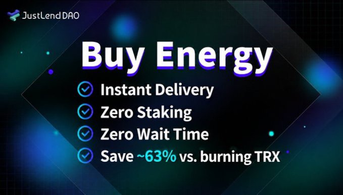 A JustLend DAO promotional graphic titled "Buy Energy" highlights four key benefits—Instant Delivery, Zero Staking, Zero Wait Time, and saving ~63% versus burning TRX—directly illustrating the post's message about acquiring TRON Energy without the hassle of staking TRX.