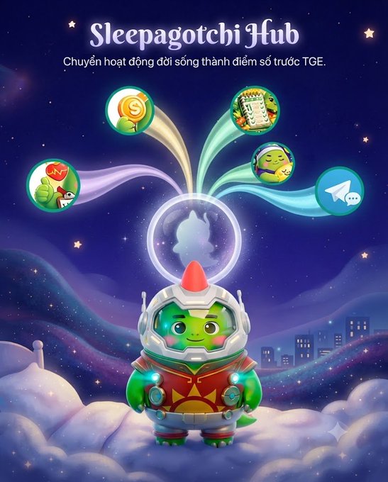 A promotional graphic for 'Sleepagotchi Hub' with Vietnamese text translating to 'Transforming life activities into digital points on TGE,' featuring a cartoon dinosaur character in an astronaut helmet.
