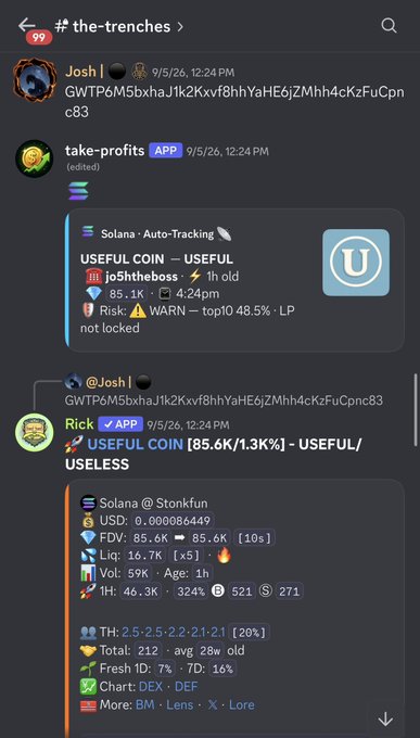A Discord chat from "#the-trenches" shows users "Josh I" and "Rick" sharing tracking data for "USEFUL COIN" ($USEFUL/USELESS) on Solana via Stonkfun, featuring detailed auto-tracking metrics including an 85.6K FDV, 16.7K liquidity, and 324% 1H gains. This relates to the post by showcasing the bot's tracking capabilities that helped spot early momentum on the token before it pumped, though the poster admits missing the play themselves.