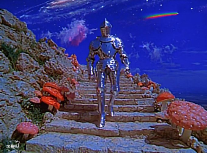 A knight in shining armor stands on stone steps flanked by red mushrooms against a vibrant blue, starry sky—a whimsical scene that complements the post's call for a collaboration between the Knight and Wizard meme tokens, $KNIGHT and $WIZARD.