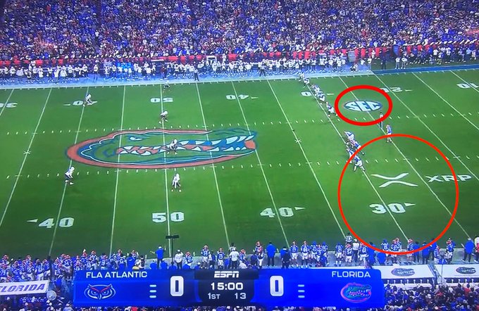 The image shows a college football game between Florida Atlantic and Florida tied at 0-0 in the 1st quarter, with the XRP cryptocurrency logo prominently displayed on the field next to the SEC logo, humorously appearing as if XRP is lined up as a player alongside the SEC on national ESPN television.