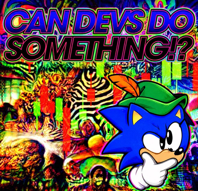 A colorful, psychedelic meme featuring a thinking Sonic the Hedgehog character with a feather in his green hat, overlaid with the text 'CAN DEVS DO SOMETHING!?' against a chaotic background of zebra stripes and roses.