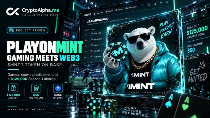 Promotional graphic for 'CryptoAlpha.me' reviewing 'PLAYONMINT - GAMING MEETS WEB3' featuring a bear mascot with sunglasses, advertising a $125,000 airdrop with $50 minimum volume on Base network.