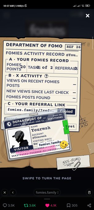 A mobile screen showing a 'DEPARTMENT OF FOMO' mock passport/ID page with 'FOMIES ACTIVITY RECORD,' referral links to 'fomies.family,' and a 'Department of Clerk' visitor card with account details.