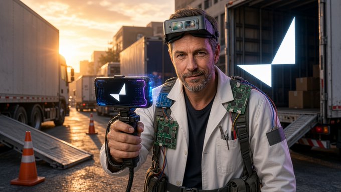 A man wearing AR/VR headsets and holding a smartphone, dressed with circuit board attachments and a harness, standing in a logistics yard at sunset.