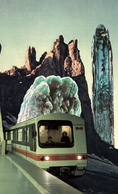 Surreal vintage-style collage depicting a subway train emerging from a mountain landscape with crystalline rock formations under a pastel sky.