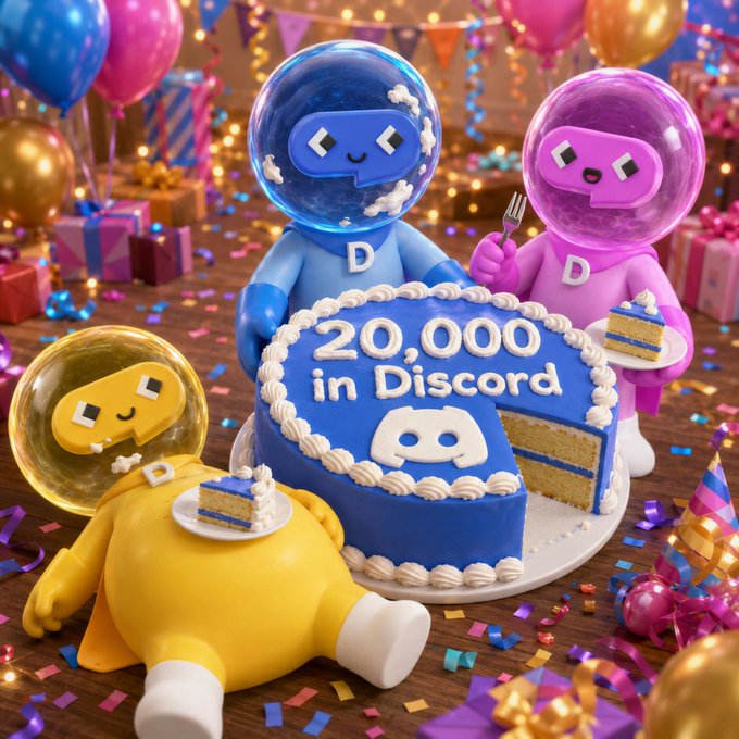 The image features a large blue cake with white frosting that has been cut into slices, placed on a table surrounded by party decorations such as balloons and streamers. Three cartoon-like figures are sitting around the cake, each holding a slice of cake in their hands. The background is filled with colorful confetti, creating a festive atmosphere for the celebration. The post about the 20,000 members Dlicom Discord and still growing @DlicomApp emphasizes the community's enthusiasm and support for the project, as well as the progress made by the group over time.