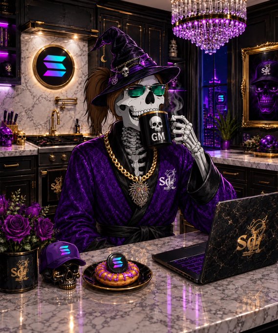 A digital artwork of a skeleton wearing a purple velvet robe and wizard hat, drinking from a 'GM' mug in a luxurious purple kitchen with a 'SOL' logo visible on the wall and laptop.