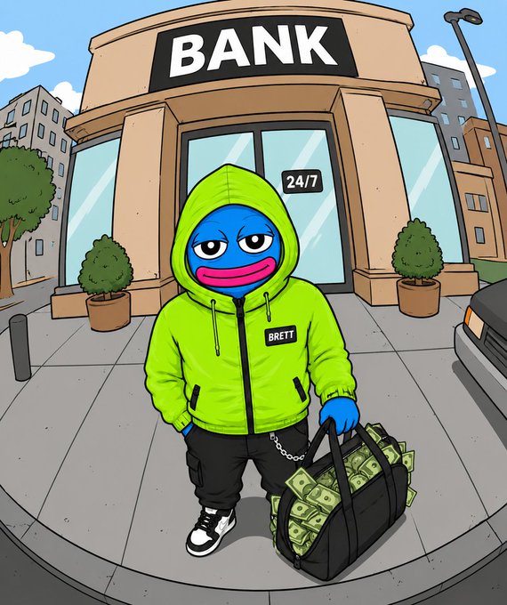 A cartoon illustration of a blue character wearing a neon green hoodie with 'BRETT' on the chest, standing in front of a 'BANK' building marked '24/7' and holding a black duffel bag filled with stacks of money.