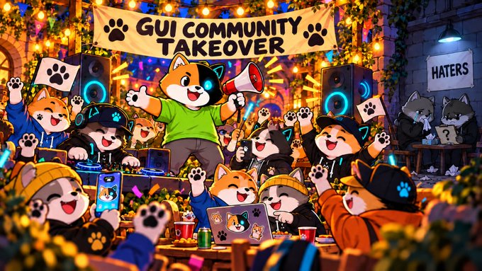 An anime-style illustration of a lively Shiba Inu party scene with a banner reading 'GUI COMMUNITY TAKEOVER' and a separate sign labeled 'HATERS' featuring grumpy dogs.