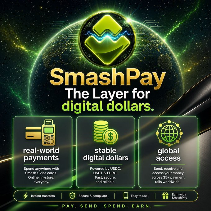 A promotional graphic for SmashPay, featuring a glowing green logo above a stylized Earth, with the tagline "The Layer for digital dollars." It highlights three key features: real-world payments via SmashX Visa cards, stable digital dollars (USDC, USDT, EURC), and global access across 35+ payment rails, promoting the waitlist at smashpay.io/waitlist.