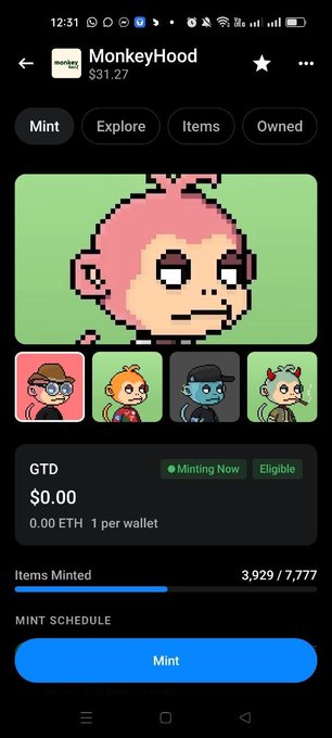 A mobile screenshot of the MonkeyHood NFT minting app showing a pixel art pink monkey character priced at $31.27, with tabs for Mint, Explore, Items, and Owned.
