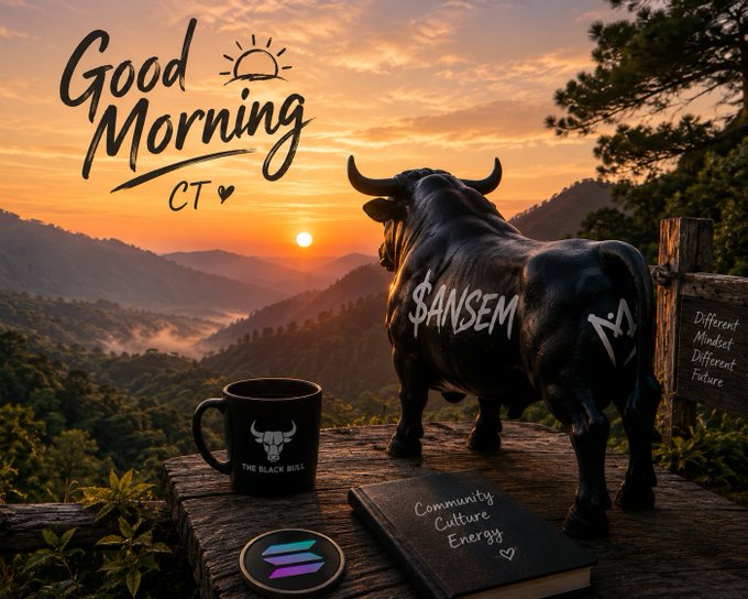 A promotional graphic with 'Good Morning CT' text featuring a black bull statue with '$ANSEM' written on its side, a black coffee mug, and a book about 'Community Culture Energy' set against a misty mountain sunrise.