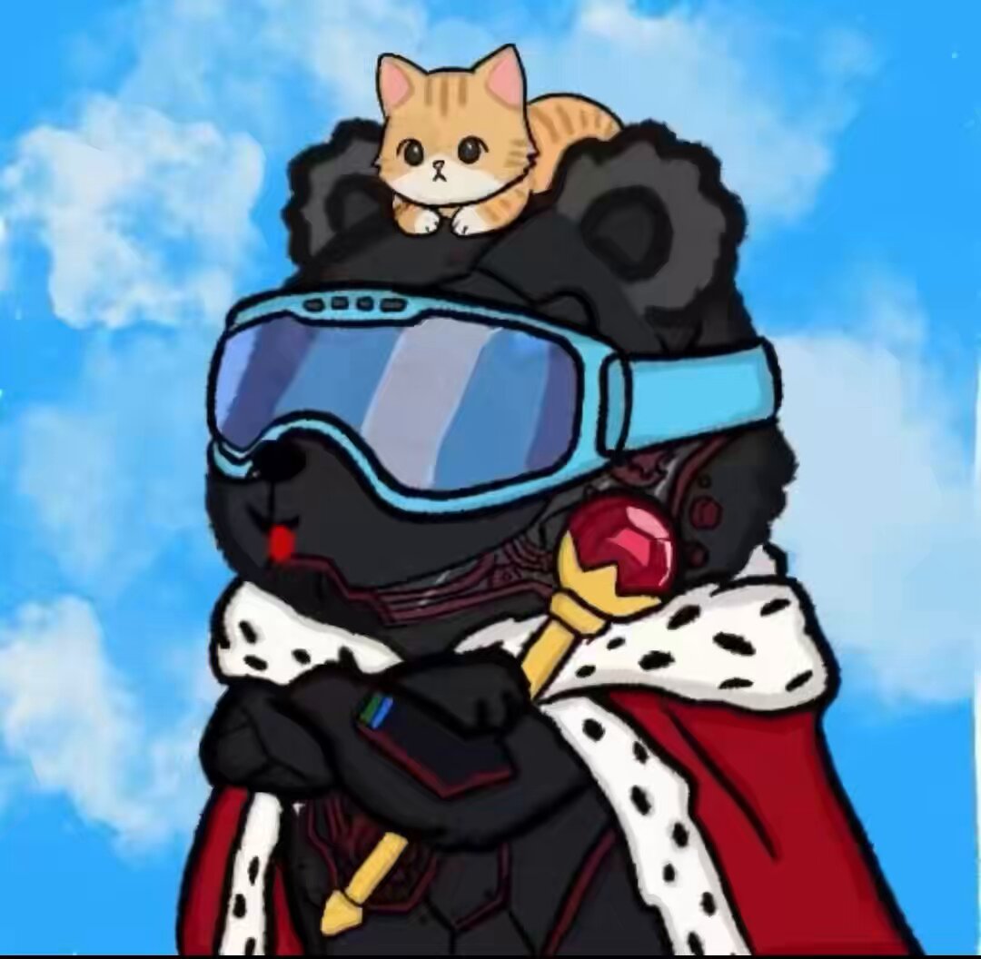 The image features a cartoon bear wearing a red cape with a crown, standing against a blue sky with clouds. The bear has a crown on its head and a sword in its hand. There are also two small cats present in the scene - one is sitting on top of the bear's head, while the other is perched on the bear's shoulder.