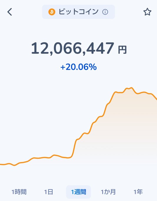 A smartphone chart shows a 1-week Bitcoin (ビットコイン) price of ¥12,066,447, up +20.06%, illustrating the recent surge mentioned in the post advising investors not to rush into buying despite the rally.