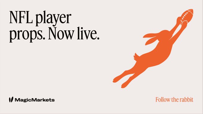 An ad from MagicMarkets reading "NFL player props. Now live. Follow the rabbit," featuring an orange silhouette of a leaping rabbit catching a football, promoting their new live in-game NFL player props market with real liquidity.
