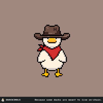 A pixel art image of a white duck wearing a brown cowboy hat and red bandana, with the text 'Because some ducks are meant to live on-chain' and a 'QUACKINALS' logo.