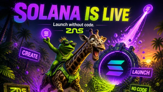 A vibrant promotional banner declares 'SOLANA IS LIVE' featuring a cartoon frog and giraffe wearing ZNS sunglasses, with buttons reading 'CREATE', 'LAUNCH', and 'NO CODE' for the ZNS launch.
