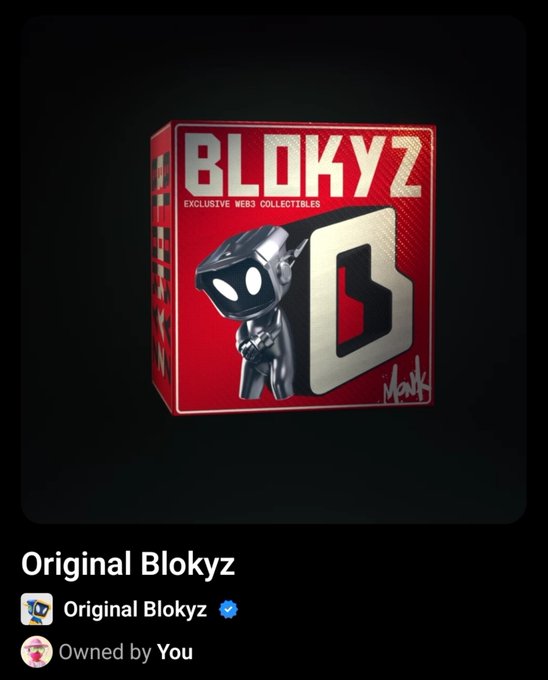 A digital display shows an 'Original Blokyz' NFT collectible box, featuring a red design with a small black character and the letter B, marked as owned by the user.