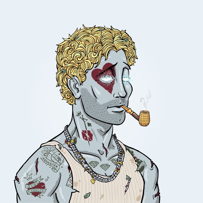 An illustrated character with blonde curly hair, glowing red eyes, a heart on the cheek, and visible tattoos smoking a pipe.