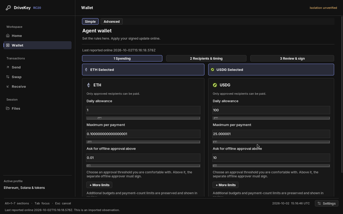Screenshot of Drivekey RC20 wallet interface showing Agent wallet configuration with ETH and USDG spending limits, daily allowances, and offline approval thresholds.