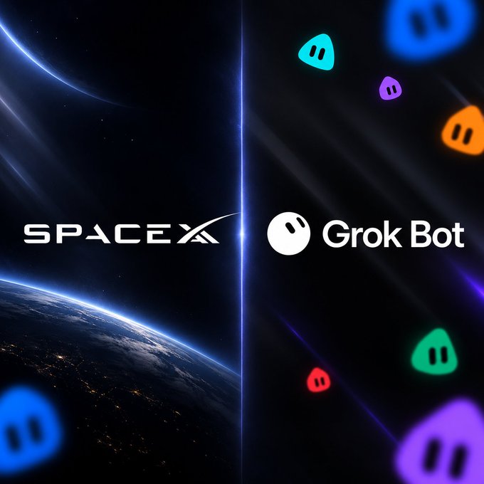 A split graphic featuring a SpaceX logo alongside "Grok Bot" text, set against a cosmic backdrop with a planet and colorful smiley face icons, visually highlighting the central message that increased Grok Bot activity could lead to reallocation of CAPA away from Anthropic.