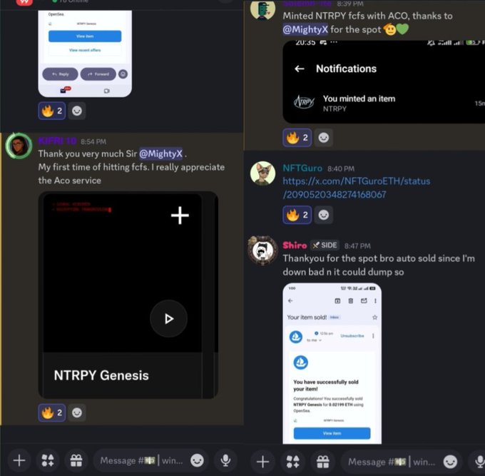 A collage of Discord chat screenshots showing users thanking '@MightyX' for NFT services, including messages about minting 'NTRPY fcs' and selling NFT items, with interface elements like 'NTRPY Genesis' and notification panels visible.