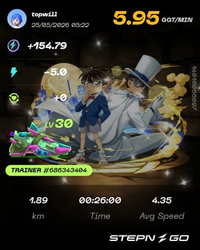 A fitness tracking app displays a character's progress, including 5.95 minutes of aerobic exercise and 1.38 km/h speed.