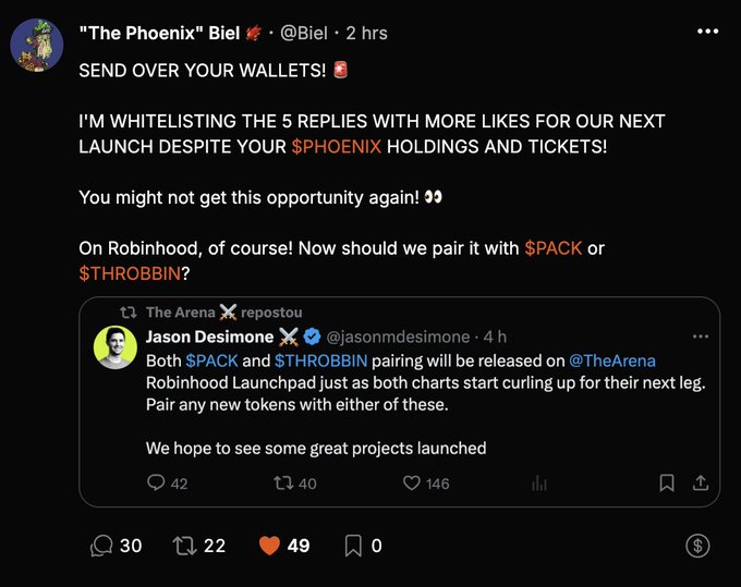 A Twitter/X post by "The Phoenix" Biel announces a whitelist for the next launch on Robinhood, mentioning $PHOENIX holdings and pairing with $PACK or $THROBBIN, quoting Jason Desimone about The Arena Launchpad.