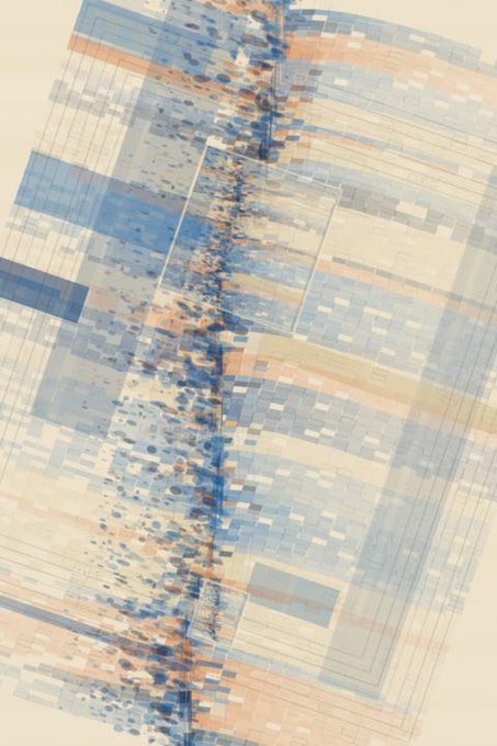 An abstract painting with overlapping translucent squares in blue, orange, and cream tones with speckled dot patterns.