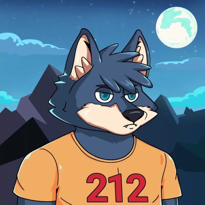 A cartoon illustration of a blue wolf-like character wearing an orange t-shirt with the red number '212' against a night sky with a full moon.