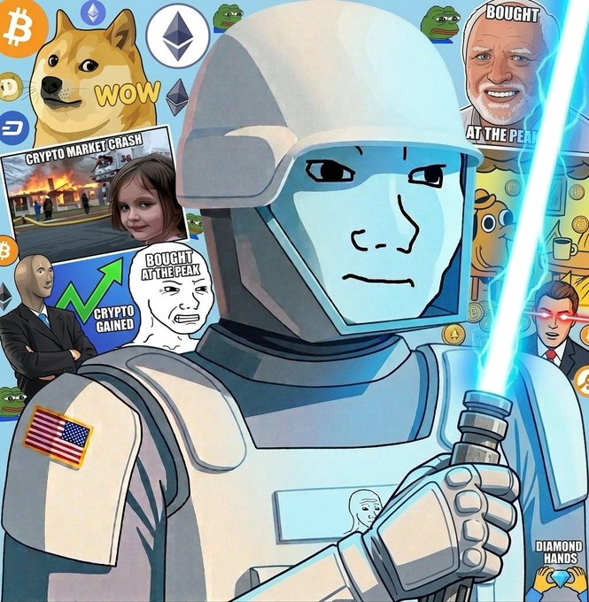A digital illustration of a futuristic soldier holding a blue lightsaber, with an American flag patch on his shoulder, set against a collage of crypto memes including Dogecoin ('WOW'), a 'CRYPTO MARKET CRASH' image, 'BOUGHT AT THE PEAK' Wojak faces, and 'DIAMOND HANDS'.