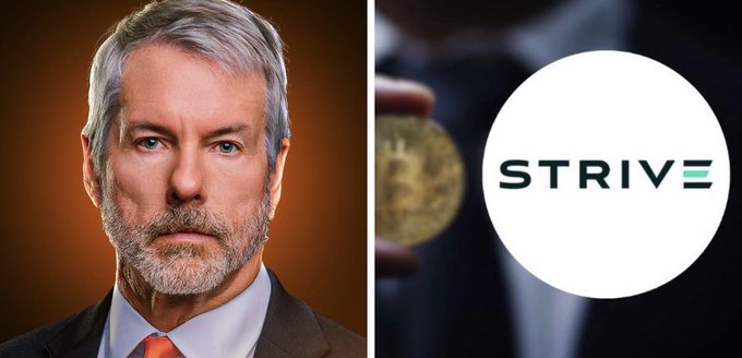 A composite image showing a portrait of a gray-haired, suited man on the left and the 'STRIVE' logo with a Bitcoin on the right.