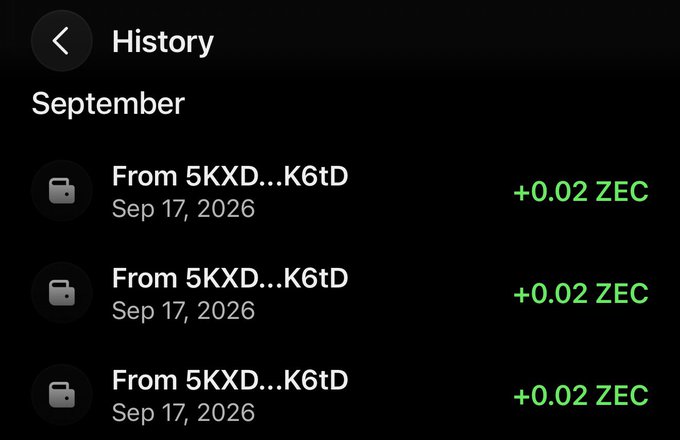 A cryptocurrency transaction history screen showing three incoming transactions from address 5KXD...K6tD dated September 17, 2026, each crediting +0.02 ZEC.
