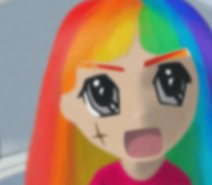 A close-up of an anime-style character with rainbow-colored hair, large teary eyes, and an 'X' mark on her cheek against a blue background.