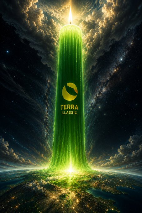 The image features a tall, green tower with a yellow logo that reads "Terra Classic". The tower is surrounded by stars and planets, creating an otherworldly atmosphere. In the background, there are clouds and a planet visible, adding depth to the scene. The text in the image suggests that Terra Classic is about to shake up the crypto space once again, possibly leading to a revolution or a significant change in the way people perceive and use cryptocurrency.