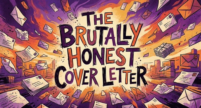 A colorful illustrated graphic featuring the title 'The Brutally Honest Cover Letter' surrounded by floating envelopes, documents, and a city skyline against a sunset background.
